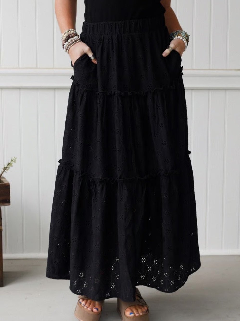 Three Bird Nest Black Sweet Briar Eyelet Tiered Maxi Skirt Size XL